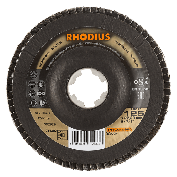 RHODIUS Fächerscheibe LSZ F1 X-LOCK, 10 Stück, 125 x 22,23 mm, Korn 40, für Edelstahl, Stahl, Metall, PROline