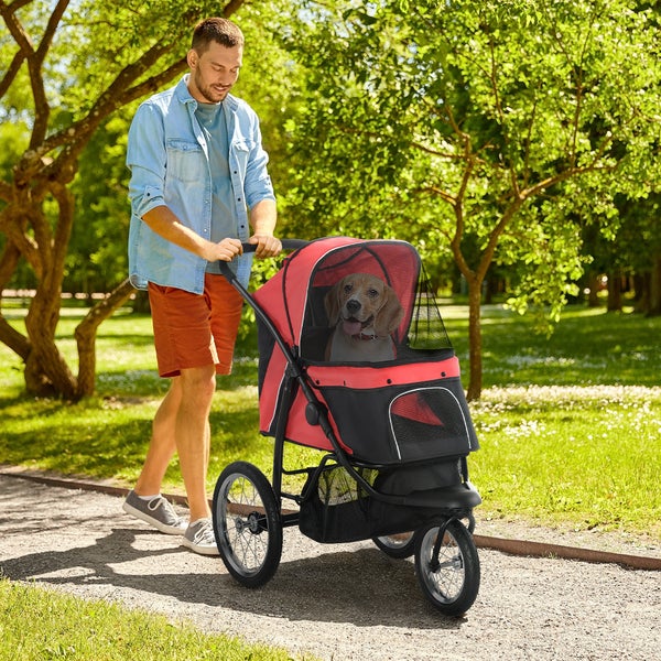 PawHut Hundewagen Hundebuggy klappbar für Hunde & Katzen bis 20 kg Katzenbuggy mit geländegängige Gummiräder Kissen Netzfenstern Türen Katzenwagen mit Aufbewahrungskorb Buggy Rot