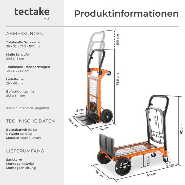 Sackkarre tectake  Belastbarkeit 80 kg 2 in 1 orange