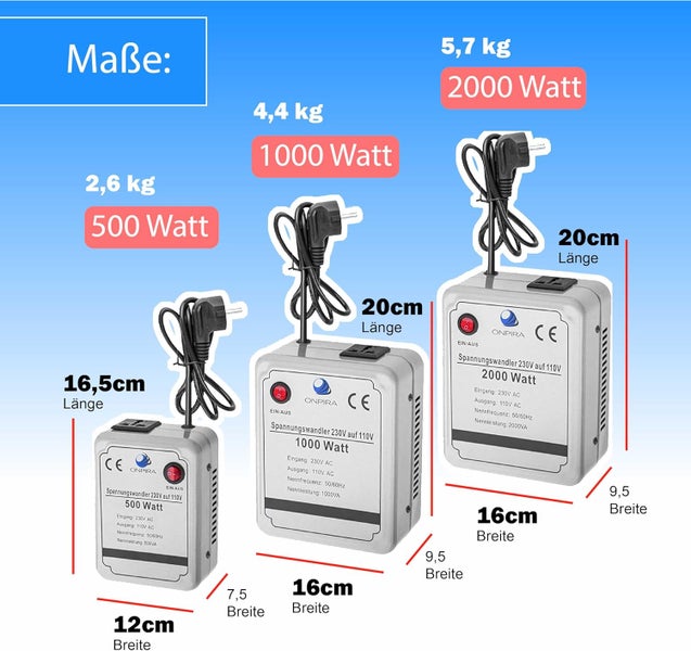 Vergleich von drei Onpira Spannungswandlern von 230 auf 110 Volt mit Leistungsdaten in Watt, Gewicht in Kilogramm und Abmessungen in Zentimetern.