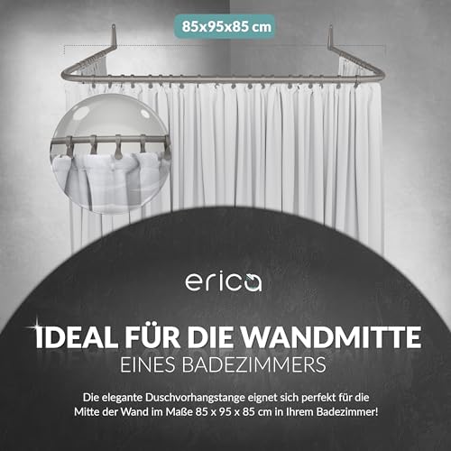 Erica Winkelstange Dusche 85x95x85 cm, Winkelstange Duschvorhang, Wandmontage ohne Deckenbefestigung - Grau glänzende Pulverbeschichteter Stahl, 100% Rostfrei