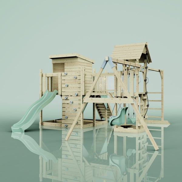 Spielplatz mit Rutsche, Schaukel und Kletterwand aus Holz