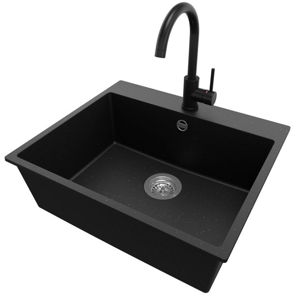 PRIMAGRAN Granitspüle Schwarz Metallic 58x50cm, Spülbecken 1 Becken + Küchenarmatur 32x20cm + Ablauf-Set, Küchenspüle ab 60er Unterschrank - Riga