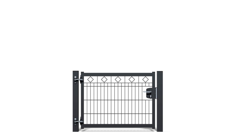 Gartentür ZAUNGURU BASIC-Linie Raute aus Metall, Höhe: 83cm, Breite: 123cm, 1-flügelig inkl. Pfosten, Schloss und Zubehör, Feuerverzinkt und zusätzlich in RAL 7016 Anthrazitgrau pulverbeschichtet