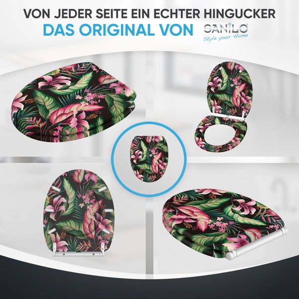 Sanilo Toilettensitz mit tropischem Blumenmuster in verschiedenen Ansichten inklusive Scharnieren und Sanilo Logo
