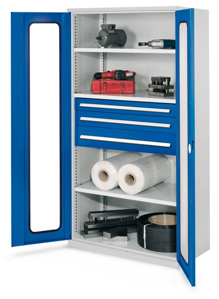 Werkstattschrank mit Regalböden, Schubladen und Werkzeugen