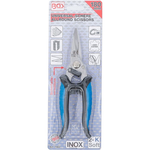 BGS technic Universal-Schere, 180 Millimeter, aus rostfreiem Edelstahl mit 2-Komponenten-Softgriff und Sicherheitsverschluss, originalverpackt.