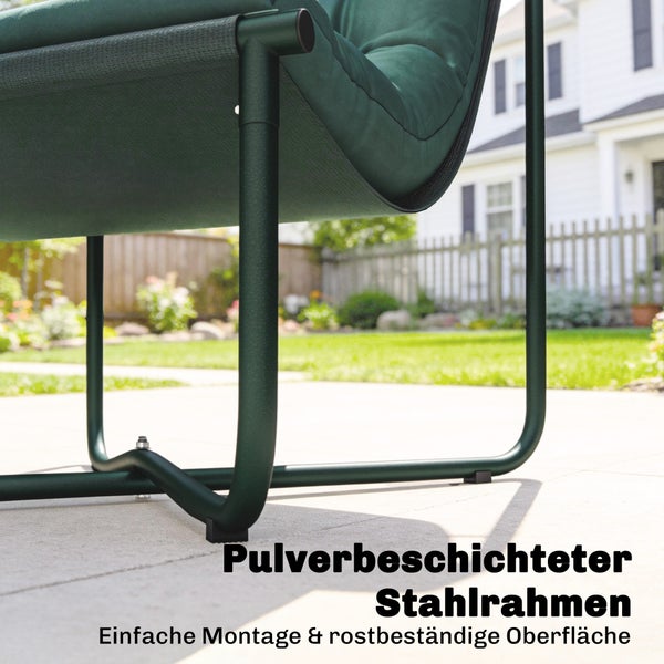Pulverbeschichteter Stahlrahmen eines Gartenstuhls mit rostbeständiger Oberfläche und einfachem Aufbau.
