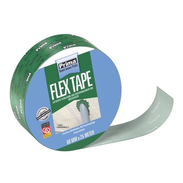 Prima Flex Tape, einseitig selbstklebendes Dichtband mit Polyestergelege, 60 Millimeter mal 25 Meter, für luftdichte Verklebungen.