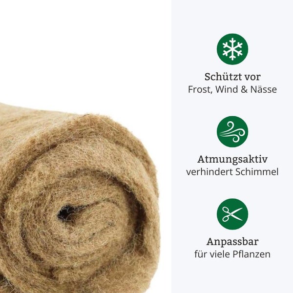Jute-Isolierrolle schützt vor Frost, Wind und Nässe, ist atmungsaktiv und anpassbar für viele Pflanzen