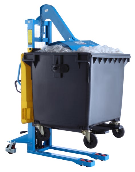 Mobiler Mülltonnenkipper aus blauem und gelbem Metall mit einem großen schwarzen Müllcontainer aus Kunststoff.