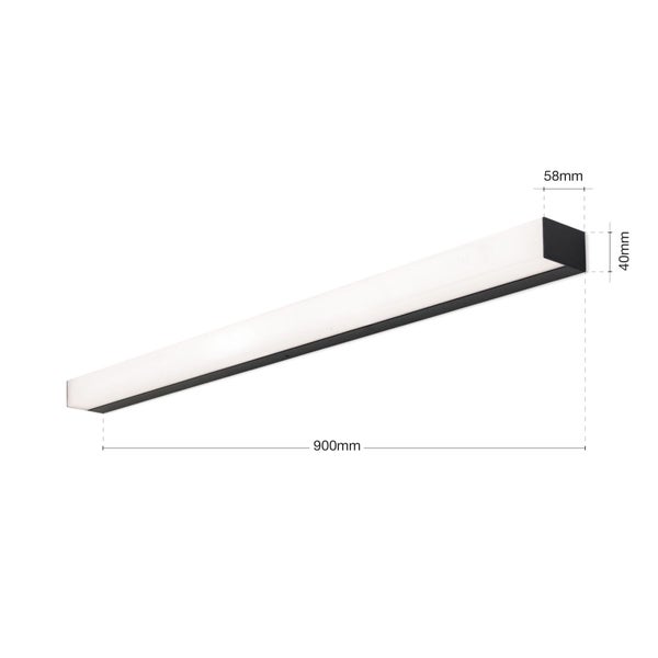 Längliche LED Wandleuchte mit Maßangaben, 900 Millimeter Länge, 58 Millimeter Breite und 40 Millimeter Höhe.
