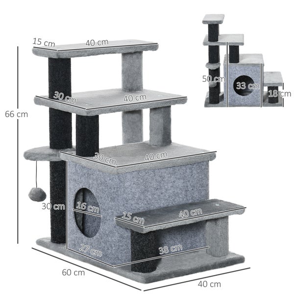 PawHut Haustiertreppe, 3/4-stufige höhenverstellbare Katzentreppe mit Schlafhöhle 2 in 1 praktische Hunderampe für kleine Hunde und Katzen Einstieghilfe für hohe Betten Sofa Grau 60 x 40 x 66 cm