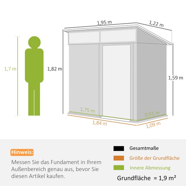 Outsunny Metall Gerätehaus 1,9m² 195x122x182cm Geräteschuppen mit Fundament Pultdach Fenster Schiebetür Haken Handschuhe wetterfest Gartenhaus Outdoor Garten Schuppen für Hinterhof Garten Dunkelgrau