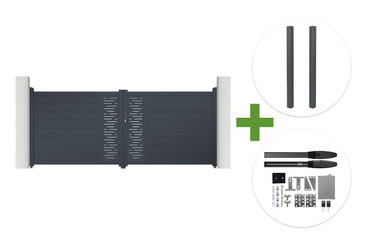 Aluminium-Doppelflügeltor mit horizontalen Lamellen, inklusive zwei Pfosten und elektrischem Torantrieb-Set.
