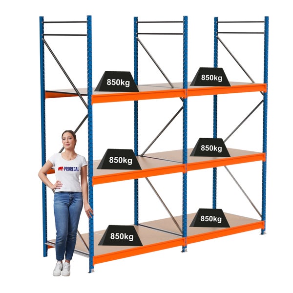 Blaues und oranges Schwerlastregal mit sechs Ebenen und einer Tragkraft von 850 Kilogramm pro Ebene