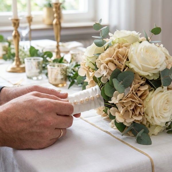 Ein Brautstrauß mit weißen Rosen, Hortensien und Eukalyptus wird auf einer festlich gedeckten Tafel gehalten.