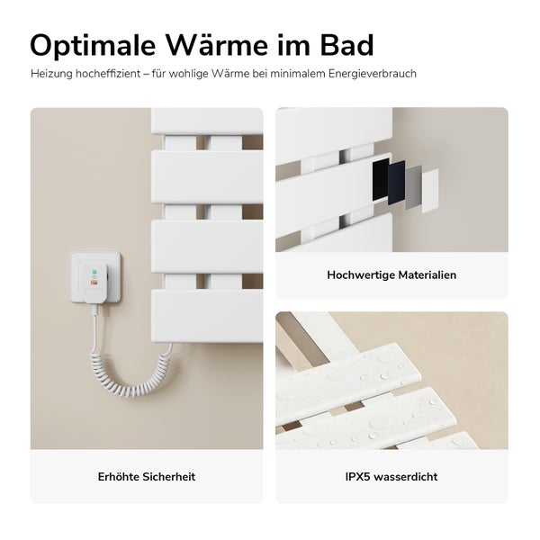 Elektrischer Handtuchheizkörper mit Sicherheitsstecker, hochwertigen Materialschichten und IPX5 Wasserschutz für effiziente Wärme im Badezimmer.
