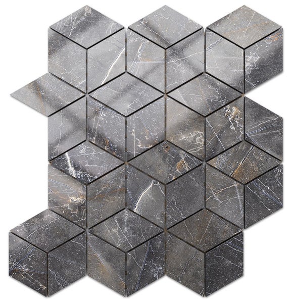 Natursteinmosaik in Würfeloptik mit Marmorierung.