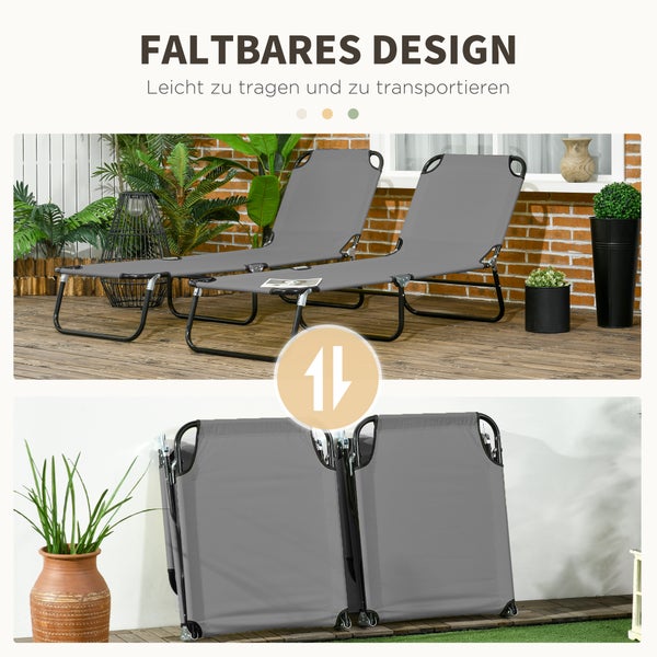 Zwei graue Gartenliegen im aufgestellten und zusammengeklappten Zustand, faltbares Design für einfachen Transport.