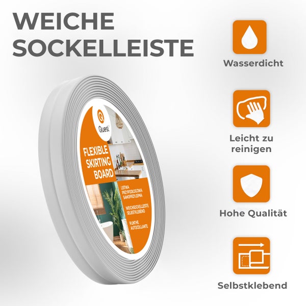 Rolle einer flexiblen Weichsockelleiste von Quest mit Symbolen für wasserdicht, leicht zu reinigen, hohe Qualität und selbstklebend.