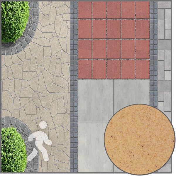 Draufsicht auf verschiedene Terrassenplatten und Pflastersteine für die Gartengestaltung mit Detailansicht der Oberflächenstruktur.