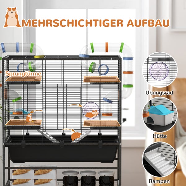 PawHut Hamsterkäfig Nagerkäfig mit Rädern, Röhren, Ablagefläche, Rampen, Laufrad, Futternapf, Wasserflasche, Kleintierkäfig Meerschweinchen Käfig Mäusekäfig für Rennmäuse, syrische Hamster, Schwarz