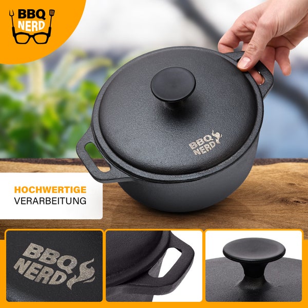 BBQ-Nerd Bräter mit Deckel (rund, Ø 21 cm) aus Gusseisen 3 L | Bratentopf Kochtopf Gusseisentopf Schmortopf | Cocotte zum langsamen Garen - Herd, Ofen & Grill