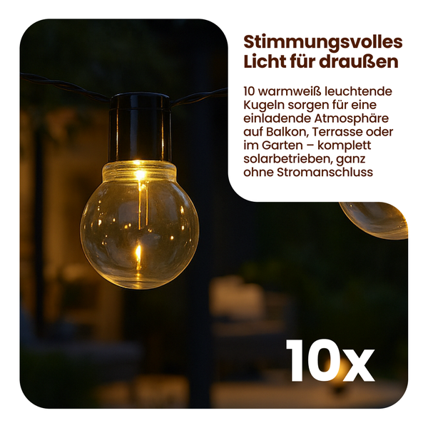 Lichterkette mit zehn Solar-Leuchtkugeln für Balkon, Terrasse oder Garten