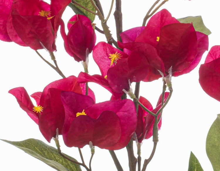 Künstlicher Bougainvillea-Zweig mit grünen Blättern und roter Blüte.