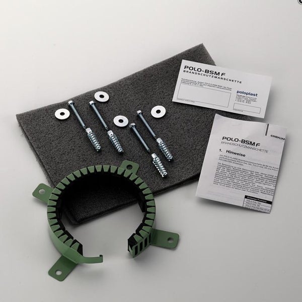 Grünes Brandschutzmanschetten-Set POLO-BSM F von Poloplast inklusive Montageschrauben, Dübeln, Dämmmatte und Einbauanleitung.