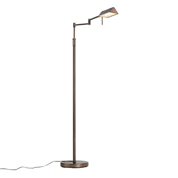 Höhenverstellbare Stehleuchte in Bronze-Optik mit schwenkbarem Arm und flachem rechteckigem Lampenschirm.