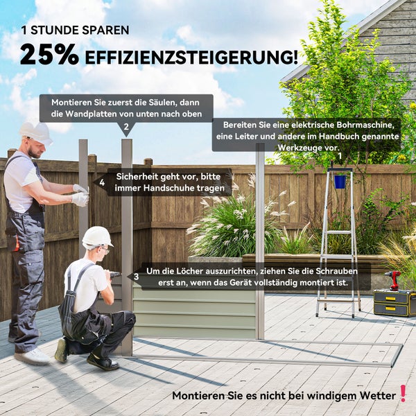Zwei Handwerker montieren ein Metallgartenhaus auf einer Terrasse mit Hinweisen zu Montageschritten, Arbeitssicherheit und benötigtem Werkzeug.