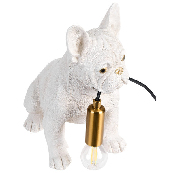 Tischleuchte in Form einer französischen Bulldogge aus Kunstharz mit goldener Fassung und schwarzem Kabel.
