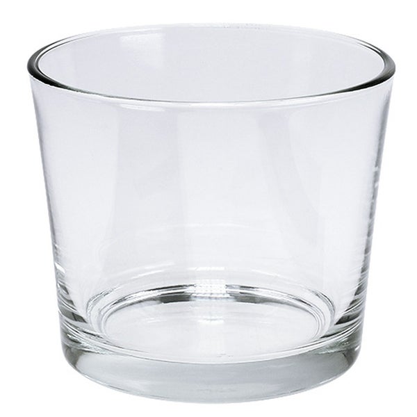 Transparenter, konischer Übertopf aus Glas.