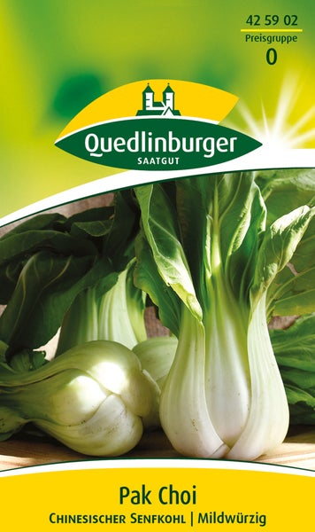 Samentüte für Pak Choi, Chinesischer Senfkohl mit mildwürzigem Geschmack. Quedlinburger Saatgut Logo.