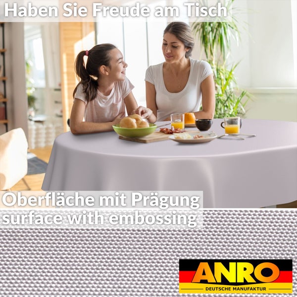 Runde Tischdecke auf einem Esstisch mit einer Frau und einem Mädchen sowie Detailansicht der geprägten Oberfläche. ANRO Logo.