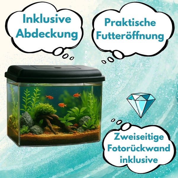 Aquarium mit Abdeckung, Futteröffnung und Fotohintergrund