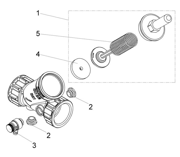 Explosionszeichnung einer Armatur mit nummerierten Ersatzteilen von 1 bis 5.