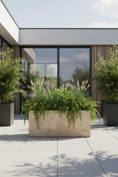 Moderner Terrassenbereich mit großem, rechteckigem Pflanzkübel in Steinoptik, bepflanzt mit Gräsern und Rankpflanzen vor einer Glasfront.