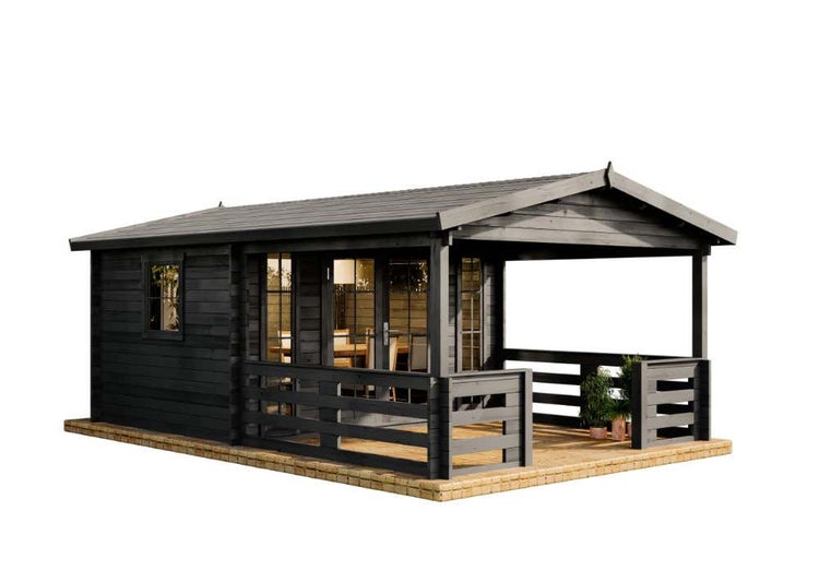 Alpholz Gartenhaus Lappland-40 B Gartenhaus aus Holz in Pinie, Holzhaus mit 40 mm Wandstärke inklusive Terrasse, Blockbohlenhaus mit Montagematerial imprägniert 3,8x5,9m