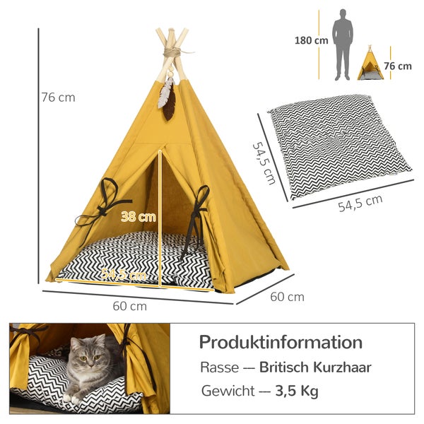 PawHut Tipi Zelt für Haustiere, Katzenzelt mit abnehmbar und waschbar Kissen, Katzenhaus mit rutschfestem Boden, Spielball, für Katzen unter 5kg, Mini Hunde, 60 x 60 x 76 cm, Gelb