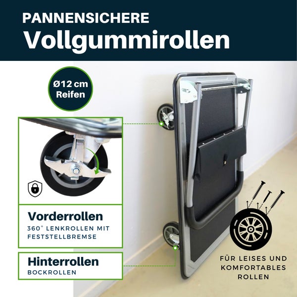 Klappbarer Plattformwagen mit pannensicheren 12 Zentimeter Vollgummirollen, 360 Grad Lenkrollen mit Bremse und Bockrollen.