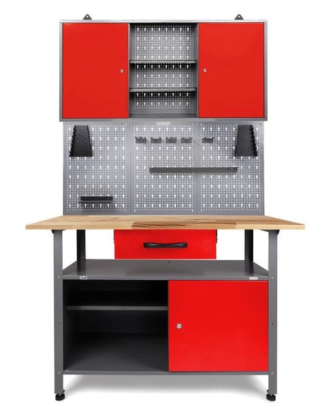 Ondis24 Werkstatt Set Klaus 120 cm 1 Schrank LED rot, Werkstatteinrichtung, Werkbank