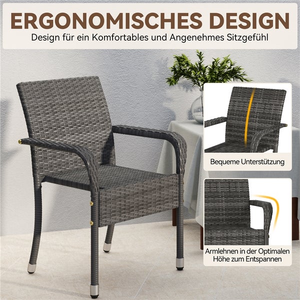 Gartenstuhl aus Polyrattan mit ergonomischem Design, geschwungener Rückenlehne und bequemen Armlehnen.