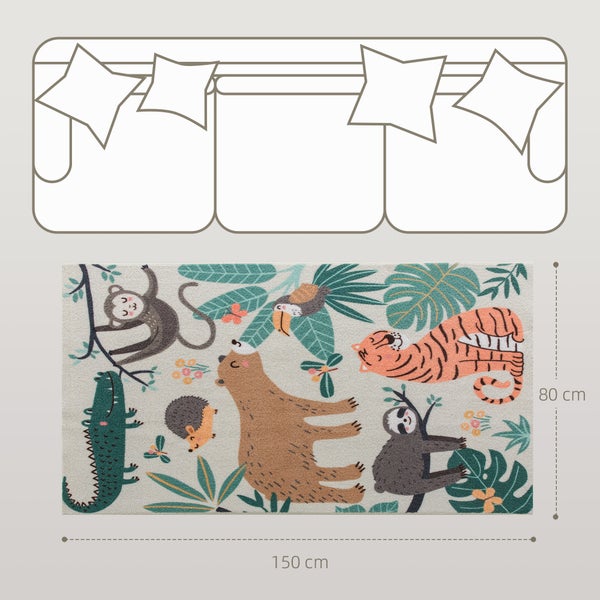 Kinderteppich mit Tiermotiven, 150 mal 80 Zentimeter, Größenverhältnis zu einem Sofa.