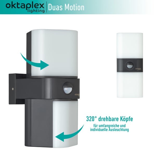 Außenlampe mit Bewegungsmelder 20W 1800lm 3000K Warmweiß IP65 drehbare Leuchte Anthrazit Wandleuchte Duas Motion