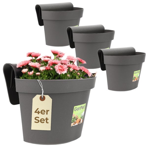 Zwei Blumentöpfe mit rosa Blumen an einem Balkongeländer aus Metall, geeignet für Breiten bis zu 5 Zentimeter, kein Bohren erforderlich.
