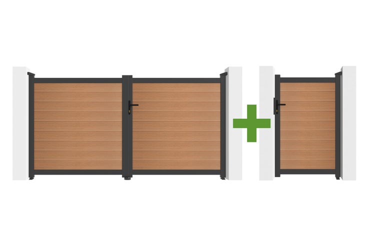 Zweiflügeliges Hoftor und einflügelige Gartentür mit Füllung in Holzoptik und Metallrahmen zwischen Pfosten.