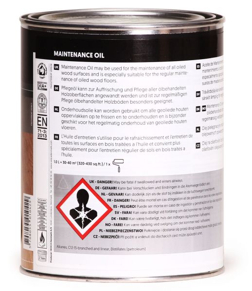Rückansicht einer Metalldose Pflegeöl für geölte Holzoberflächen mit Anwendungshinweisen, Gefahrensymbolen und Angaben zur Reichweite.